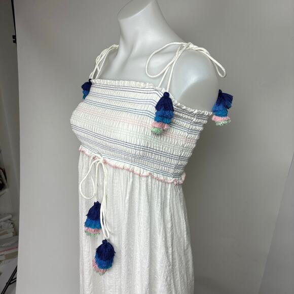 Playa Lucila White Smocked Tassel Spaghetti Strap Tiered Ruffle Maxi Dress Sz XS - Picture 7 of 12